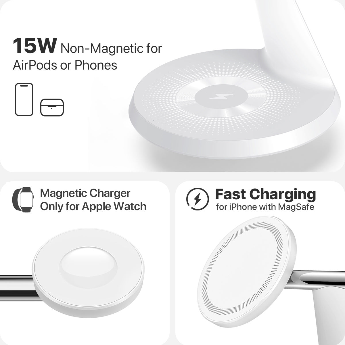 JMT-414410 3-in-1 Wireless Charging Station with MagSafe for iPhone, Apple Watch, and AirPods, 30W Power Adapter Included