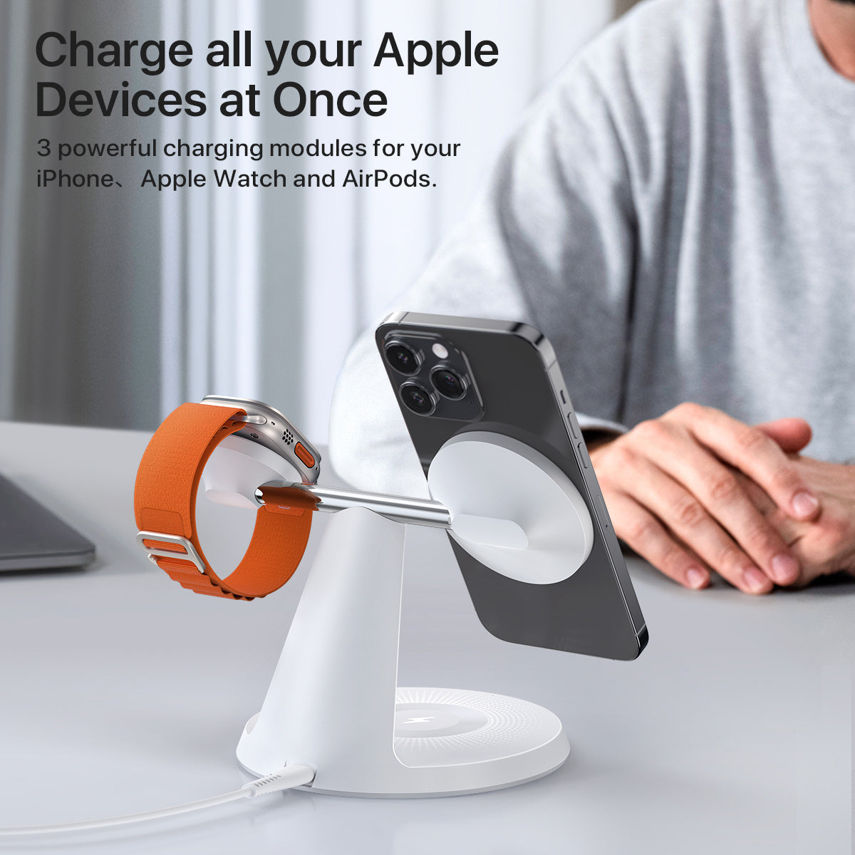 JMT-414410 3-in-1 Wireless Charging Station with MagSafe for iPhone, Apple Watch, and AirPods, 30W Power Adapter Included