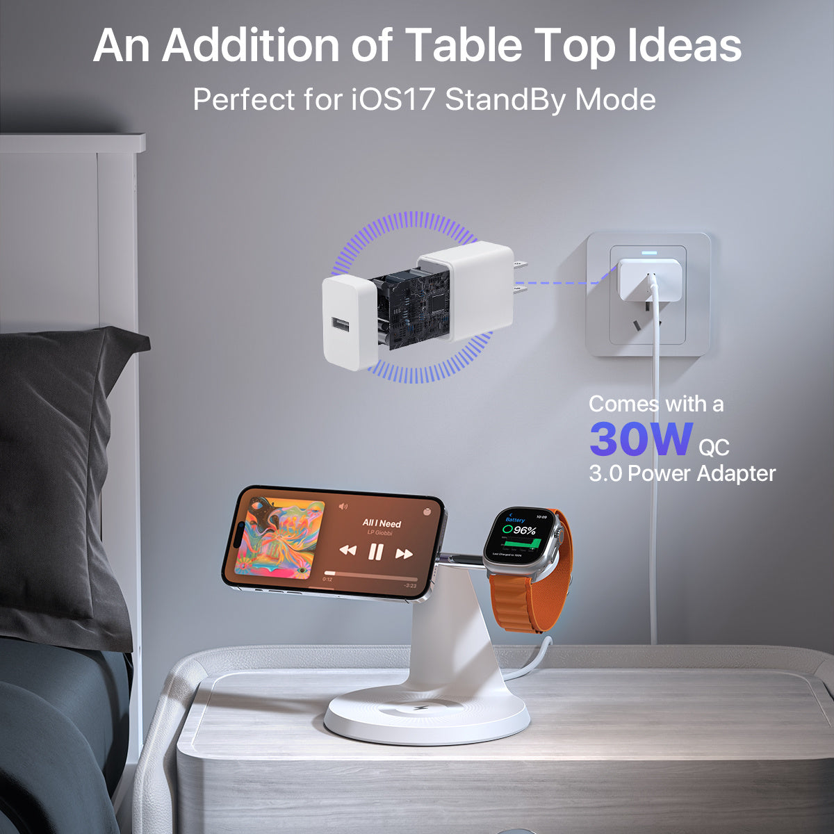 JMT-414410 3-in-1 Wireless Charging Station with MagSafe for iPhone, Apple Watch, and AirPods, 30W Power Adapter Included