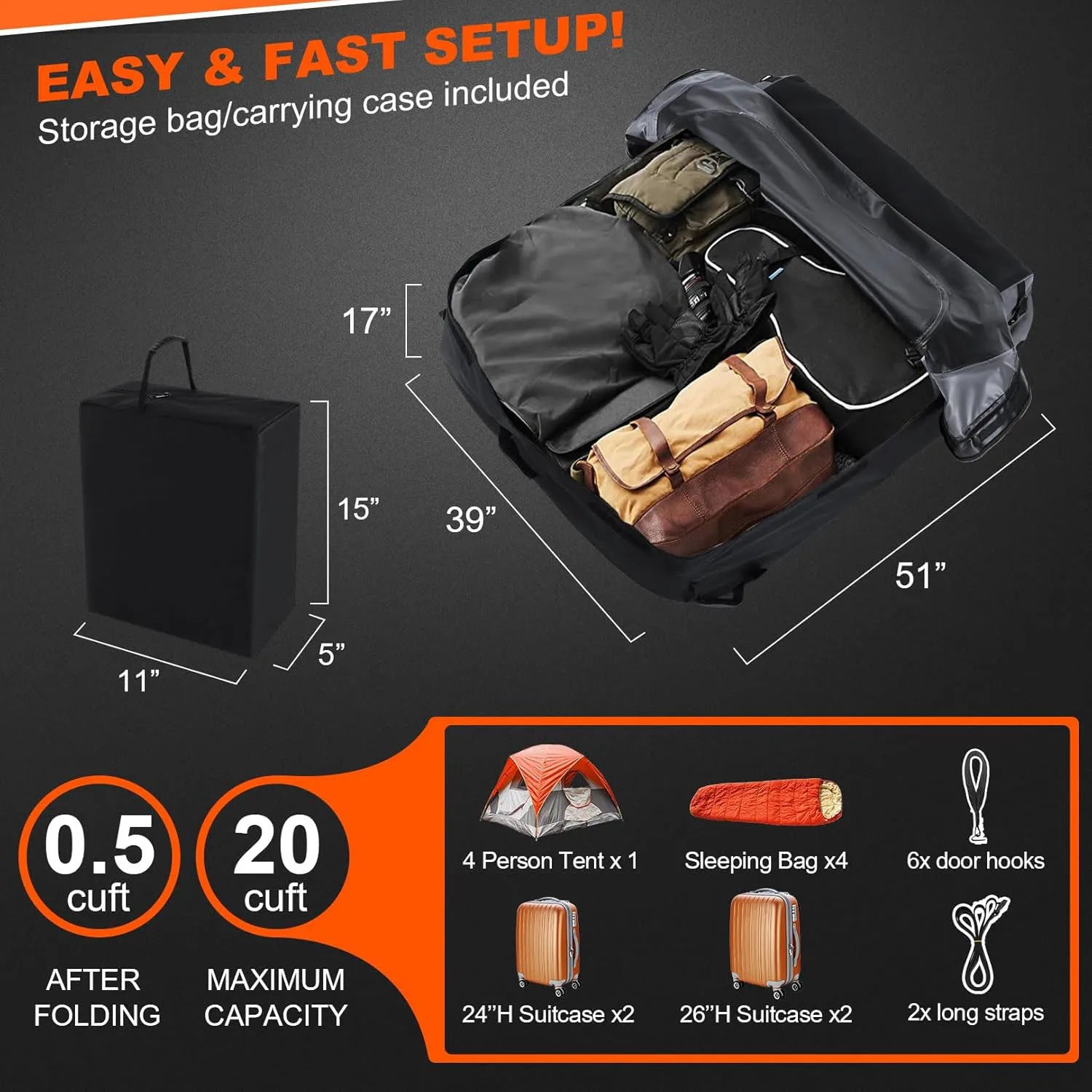 JMT-415498 20 Cubic Feet Waterproof Soft Shell Roof Cargo Carrier for Cars without Luggage Racks, Includes Tie-Down Strap