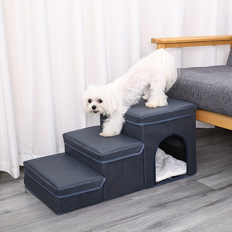 JMT-415882 Foldable 3-Level Dog Stairs with Storage for Small to Medium Breeds - Durable Oxford Fabric Pet Ramp for High Beds and Sofas