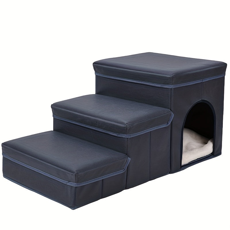 JMT-415882 Foldable 3-Level Dog Stairs with Storage for Small to Medium Breeds - Durable Oxford Fabric Pet Ramp for High Beds and Sofas