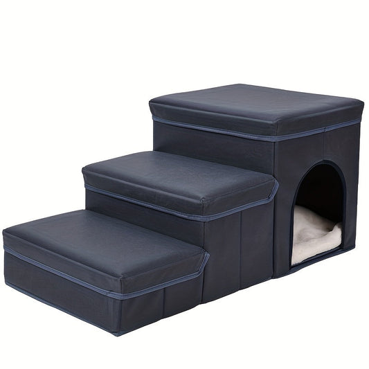 JMT-415882 Foldable 3-Level Dog Stairs with Storage for Small to Medium Breeds - Durable Oxford Fabric Pet Ramp for High Beds and Sofas