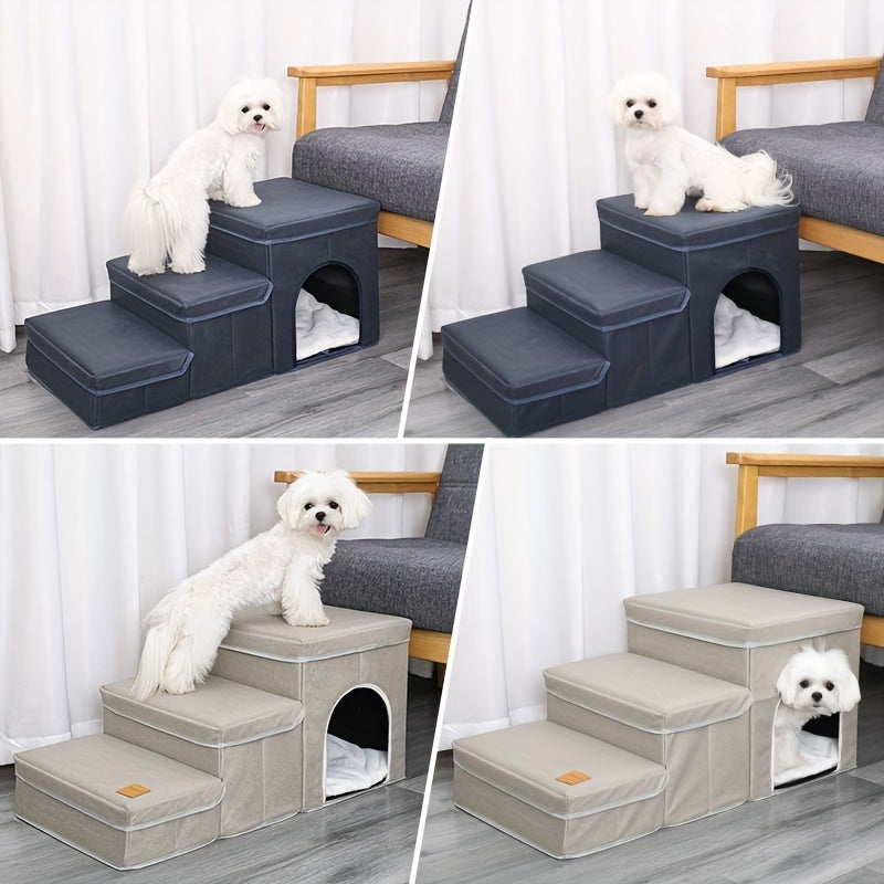 JMT-415882 Foldable 3-Level Dog Stairs with Storage for Small to Medium Breeds - Durable Oxford Fabric Pet Ramp for High Beds and Sofas