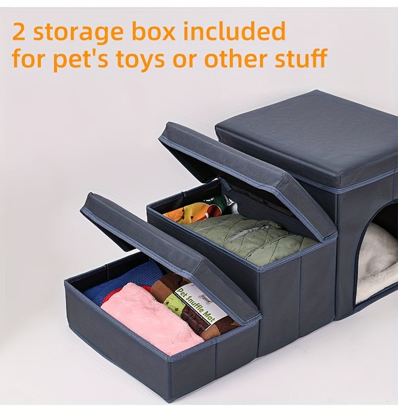 JMT-415882 Foldable 3-Level Dog Stairs with Storage for Small to Medium Breeds - Durable Oxford Fabric Pet Ramp for High Beds and Sofas