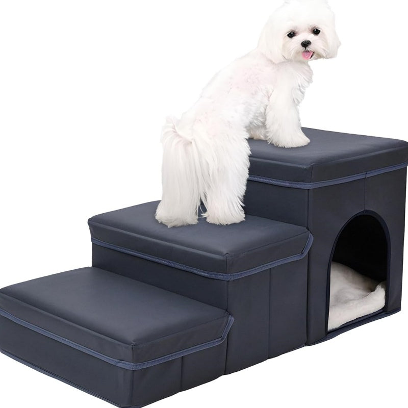 JMT-415882 Foldable 3-Level Dog Stairs with Storage for Small to Medium Breeds - Durable Oxford Fabric Pet Ramp for High Beds and Sofas