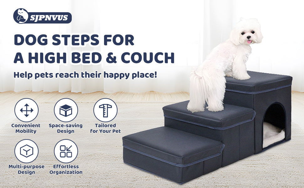 JMT-415882 Foldable 3-Level Dog Stairs with Storage for Small to Medium Breeds - Durable Oxford Fabric Pet Ramp for High Beds and Sofas