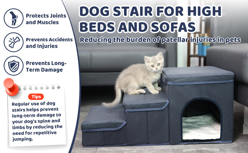 JMT-415882 Foldable 3-Level Dog Stairs with Storage for Small to Medium Breeds - Durable Oxford Fabric Pet Ramp for High Beds and Sofas