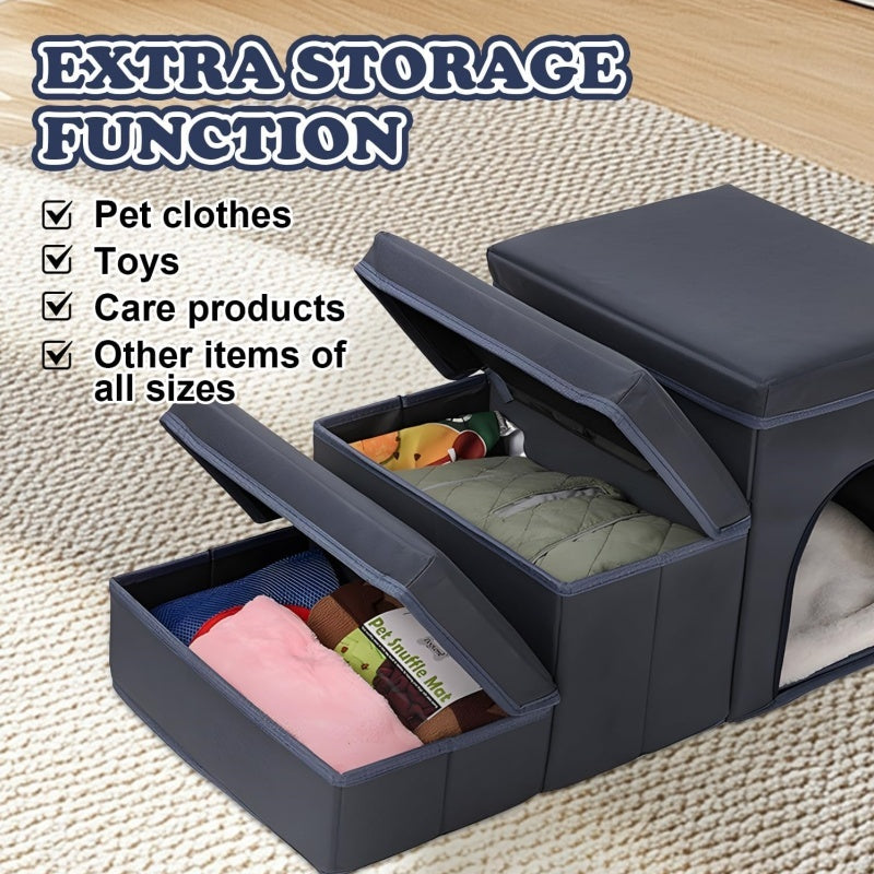 JMT-415882 Foldable 3-Level Dog Stairs with Storage for Small to Medium Breeds - Durable Oxford Fabric Pet Ramp for High Beds and Sofas