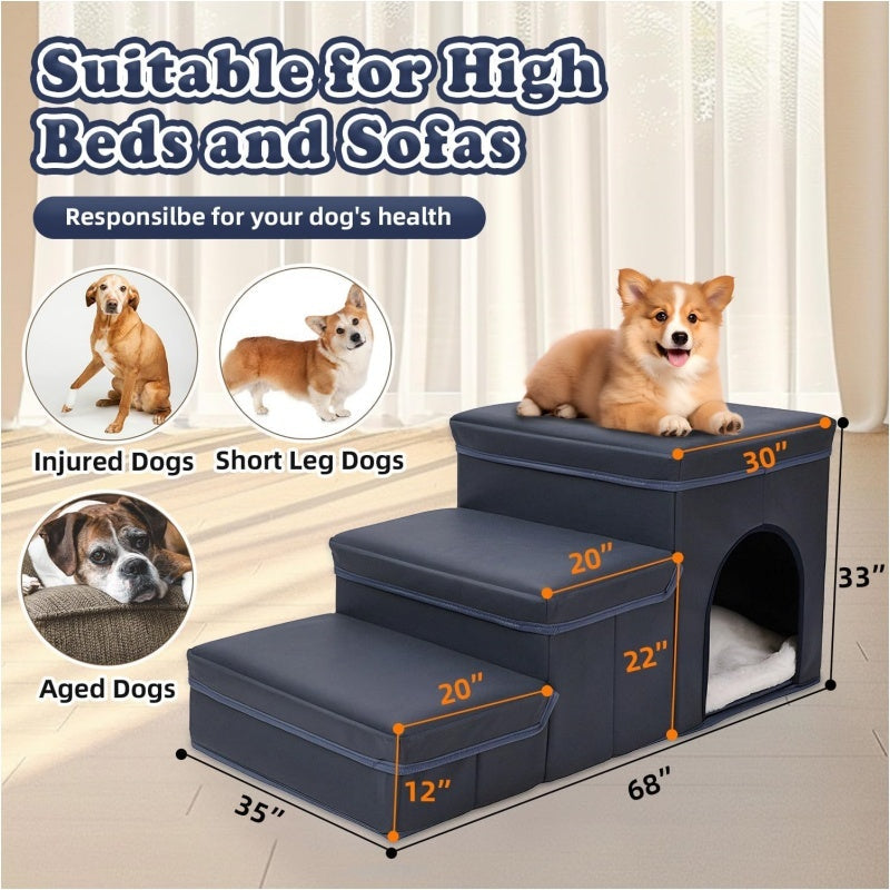 JMT-415882 Foldable 3-Level Dog Stairs with Storage for Small to Medium Breeds - Durable Oxford Fabric Pet Ramp for High Beds and Sofas