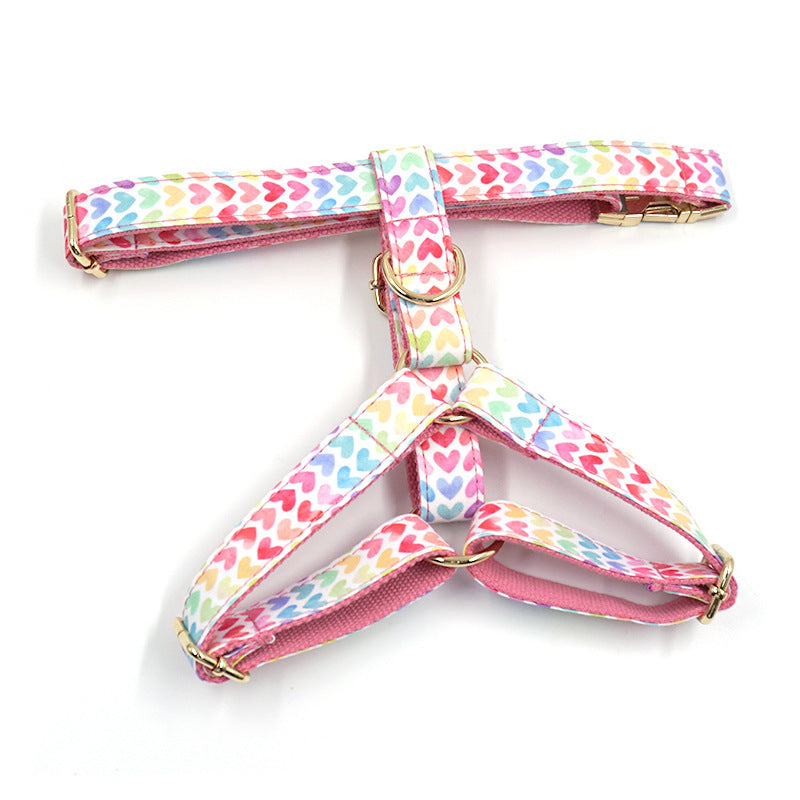 JMT-416202 Pink Colorful Heart-Shaped Dog Chest and Back Harness with Gold Buckle