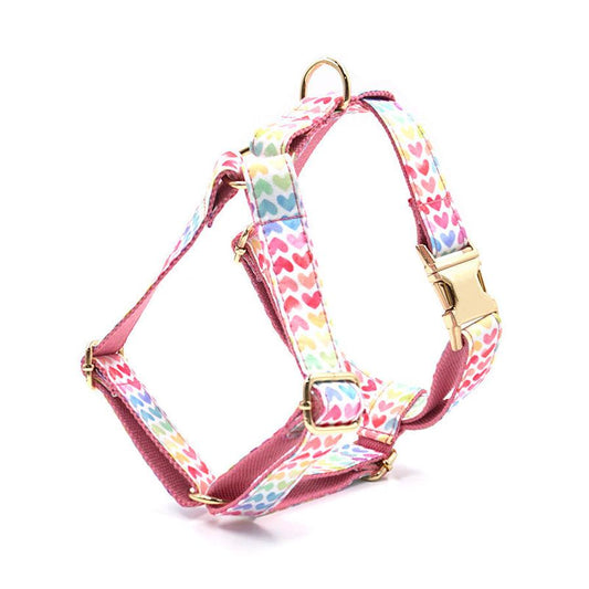 JMT-416202 Pink Colorful Heart-Shaped Dog Chest and Back Harness with Gold Buckle