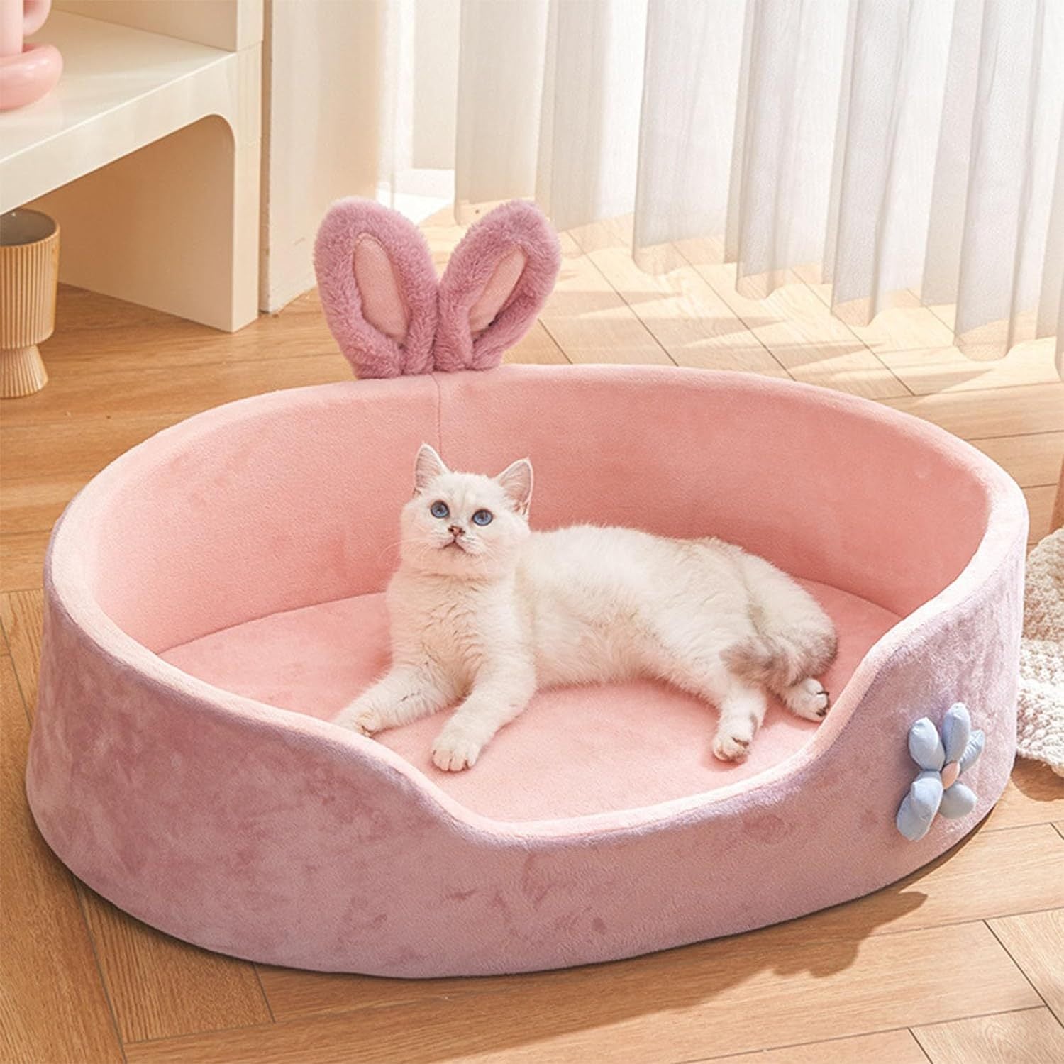 JMT-416330 Cozy Pink Rabbit Ear Dog and Cat Bed with Removable, Washable Cover for Small to Medium Breeds