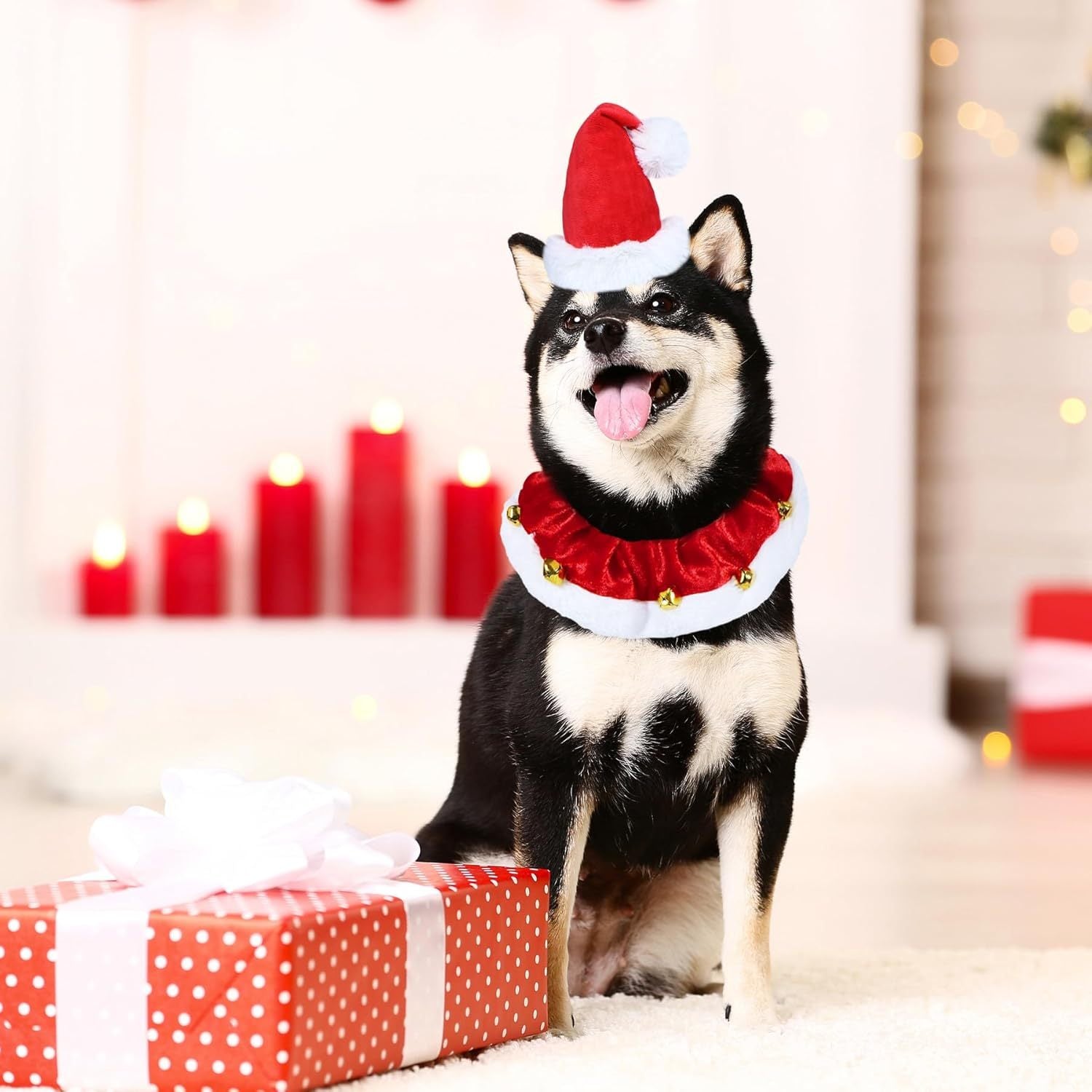 JMT-416522 Christmas Dog Collar with Bells - Soft Red and White Neckwear for Small to Large Dogs