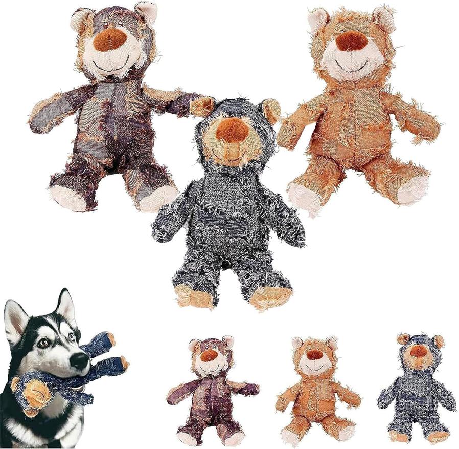 JMT-416842 Indestructible Bear Dog Toy, Durable Squeaky Plush for Heavy Chewers, Interactive Chew Toy Promoting Dental Health