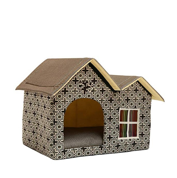 JMT-417482 Cozy Double Top Pet House with Waterproof Oxford Fabric and Thick Cushion, 55x40x42cm