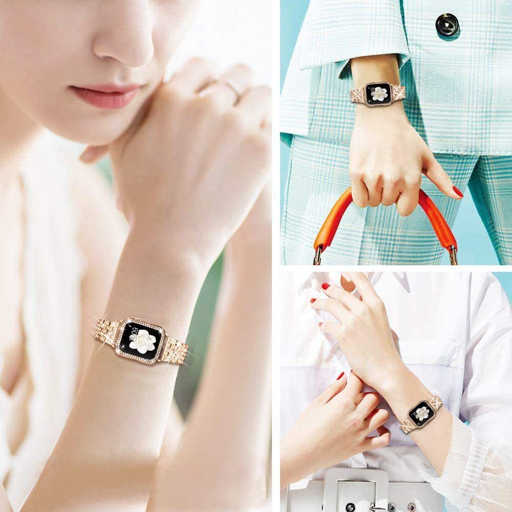 JMT-419658 Diamond Metal Strap Protective Cover for Apple Watch - Compatible with 38mm, 40mm, 42mm, and 44mm Models