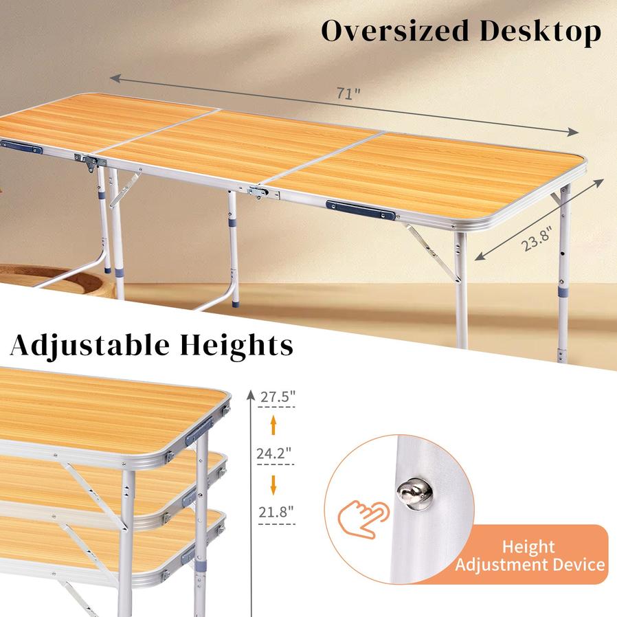 JMT-420362 6ft Folding Outdoor Table with Wood Grain Finish - Lightweight Aluminum Alloy Tri-fold Design, 50kg Capacity