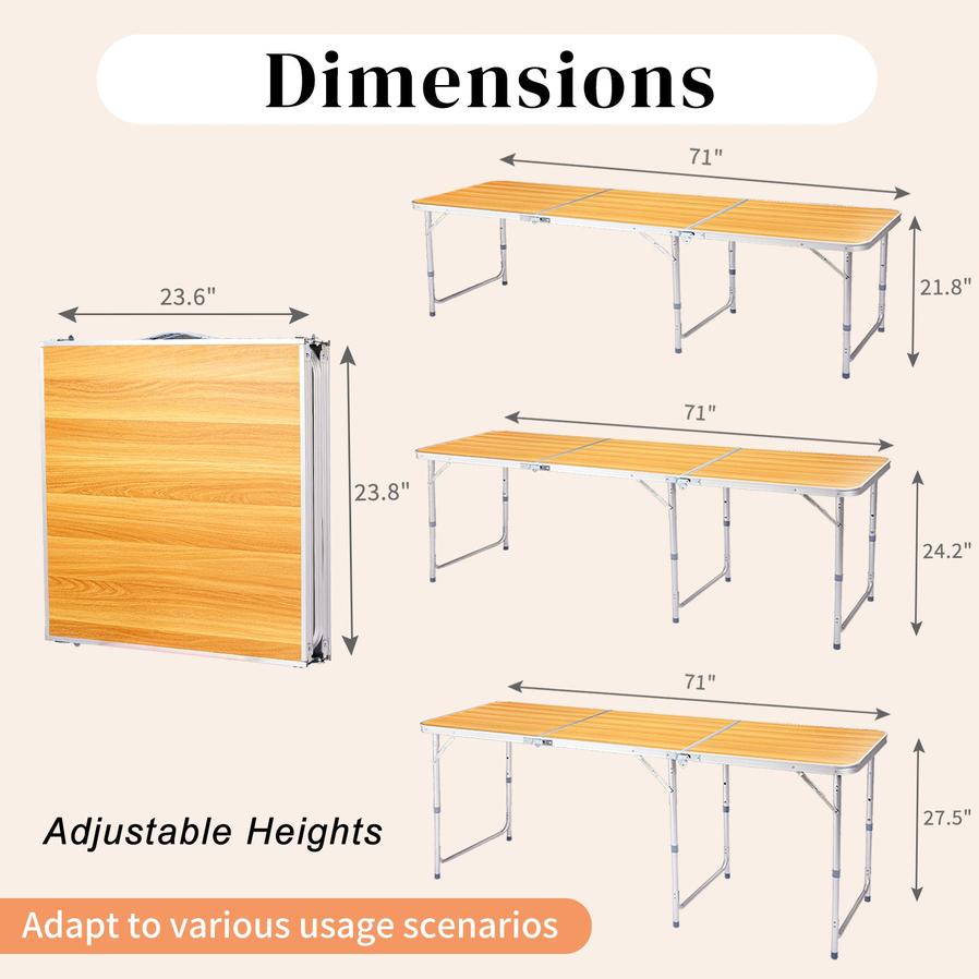 JMT-420362 6ft Folding Outdoor Table with Wood Grain Finish - Lightweight Aluminum Alloy Tri-fold Design, 50kg Capacity
