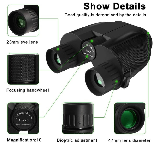 JMT-422154 10x25 High-Definition Mini Portable Outdoor Binoculars with Low-Light Night Vision
