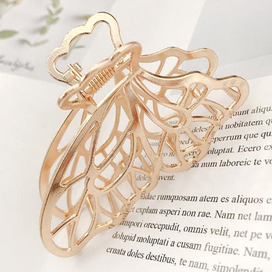 JMT-423306 Dongdaemun Minimalist Metal Clip Hair Claw - Gold-Plated Duck Clip with Flower and Shell Design