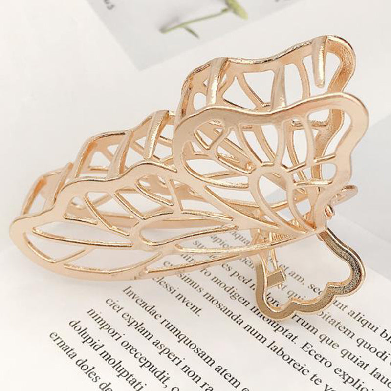 JMT-423306 Dongdaemun Minimalist Metal Clip Hair Claw - Gold-Plated Duck Clip with Flower and Shell Design