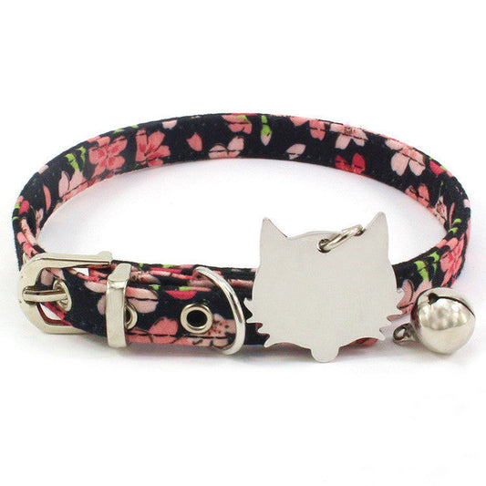 JMT-424266 Double-Sided Laser Engraving Flower Pattern Cat Collar with Copper Bell