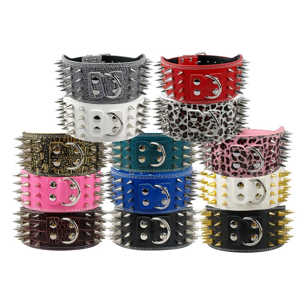 JMT-424586 Crocodile Pattern PU Leather Dog Collar with Adjustable Spikes, 7.5 cm Wide