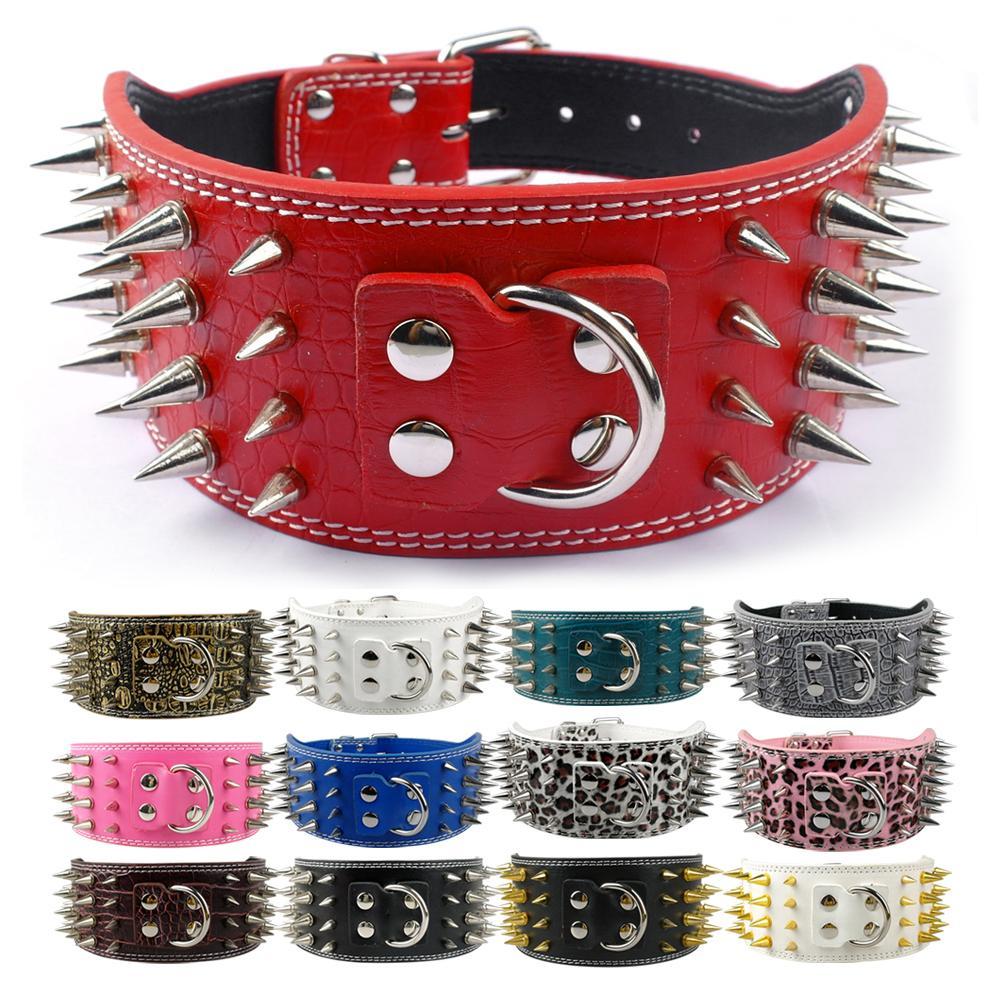 JMT-424586 Crocodile Pattern PU Leather Dog Collar with Adjustable Spikes, 7.5 cm Wide