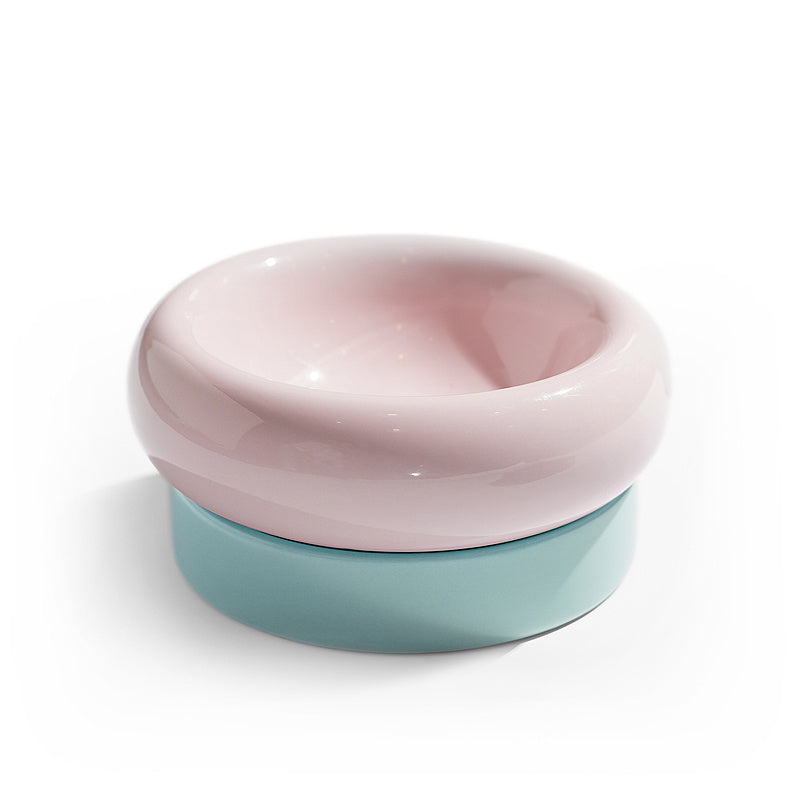 JMT-425098 Mochi Ceramic Short-leg Cat Bowl in Light Green or Pink - Medium Size