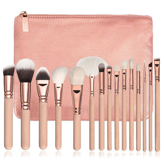 JMT-425354 15-Piece Rose Gold Makeup Brush Set with Carrying Bag - Soft Synthetic Hair Brushes for Multi-Function Use