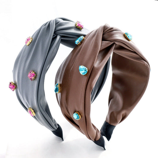 JMT-425610 Elegant Green Leather Cross Knot Headband with Big Stone - Women's Hair Accessory