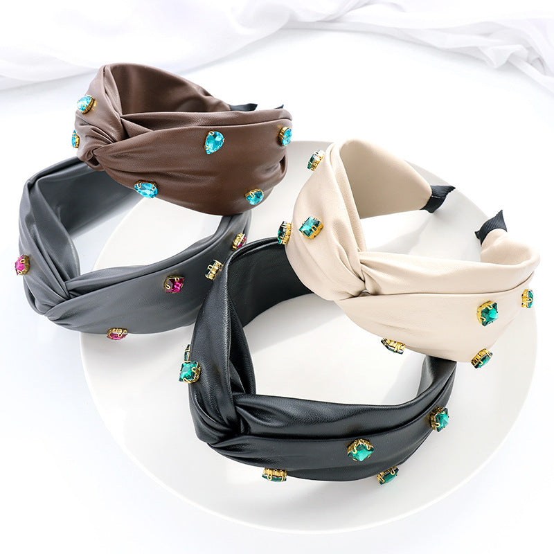 JMT-425610 Elegant Green Leather Cross Knot Headband with Big Stone - Women's Hair Accessory