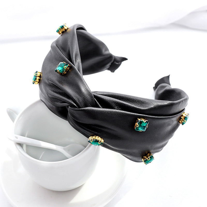 JMT-425610 Elegant Green Leather Cross Knot Headband with Big Stone - Women's Hair Accessory
