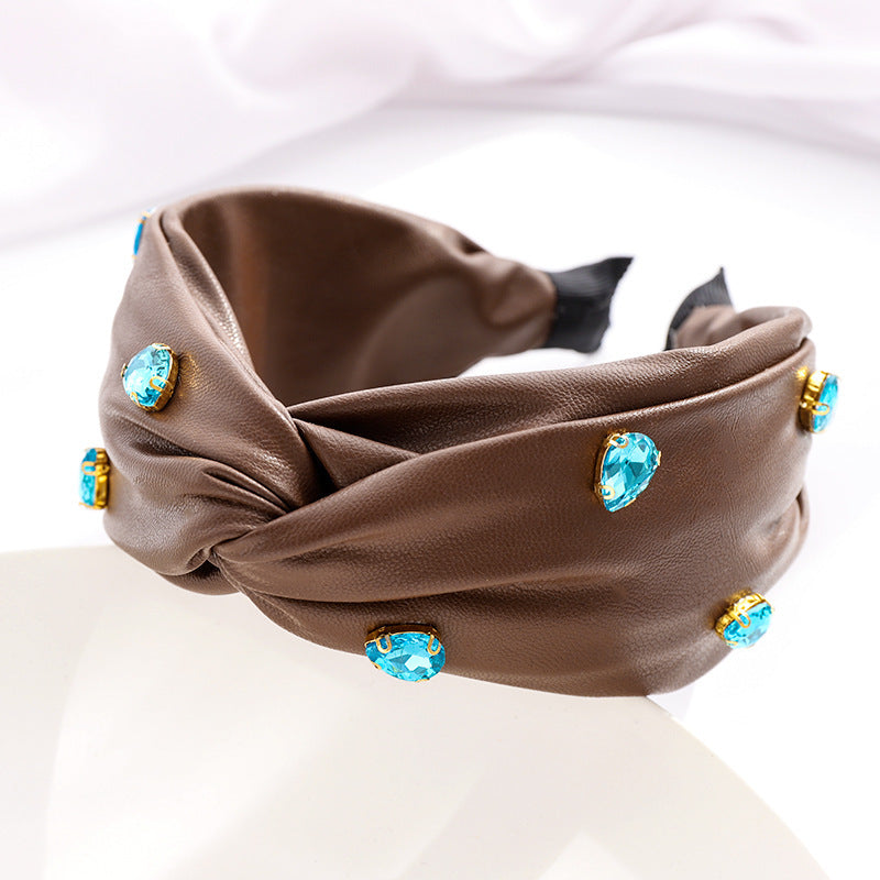 JMT-425610 Elegant Green Leather Cross Knot Headband with Big Stone - Women's Hair Accessory