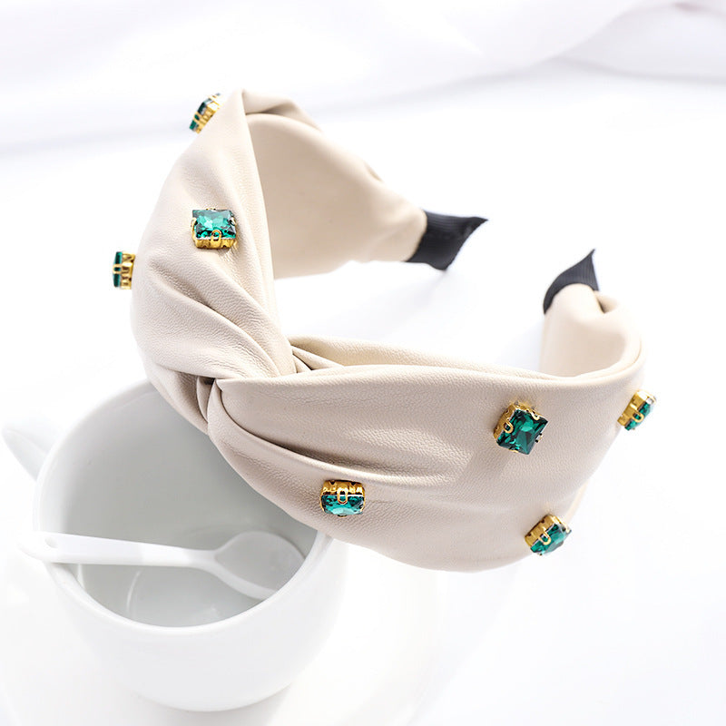 JMT-425610 Elegant Green Leather Cross Knot Headband with Big Stone - Women's Hair Accessory