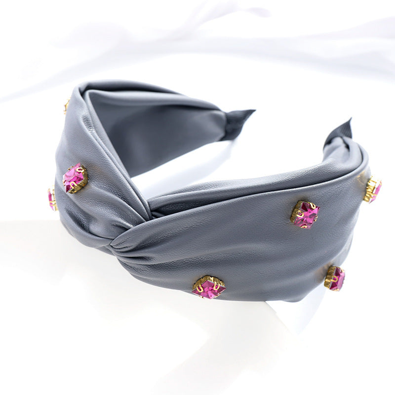 JMT-425610 Elegant Green Leather Cross Knot Headband with Big Stone - Women's Hair Accessory