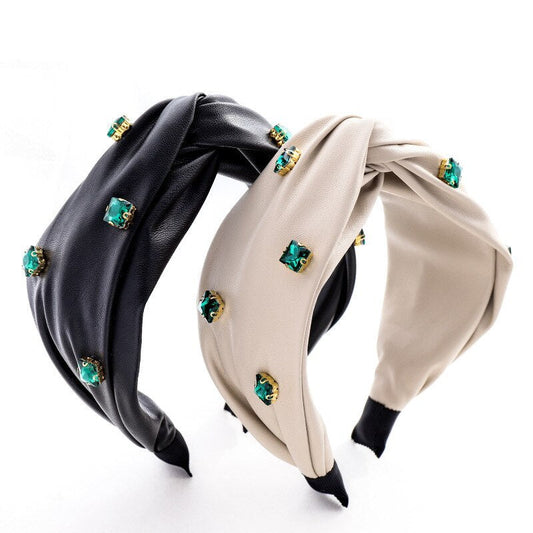 JMT-425610 Elegant Green Leather Cross Knot Headband with Big Stone - Women's Hair Accessory