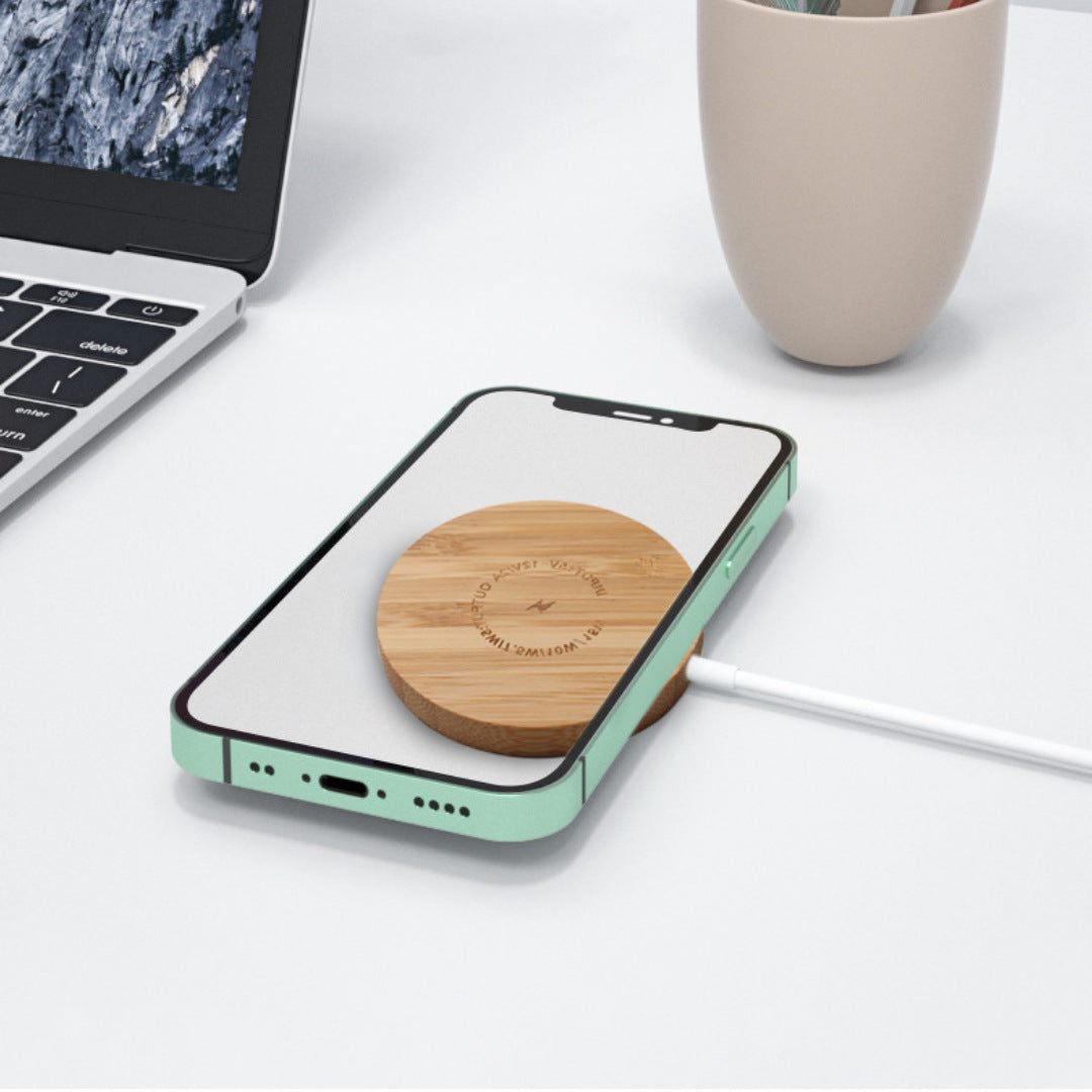 JMT-425610 Magnetic Wireless Charging Pad for iPhone 12 and Other Compatible Models, Bamboo Material, USB-C, Multiple Power Outputs