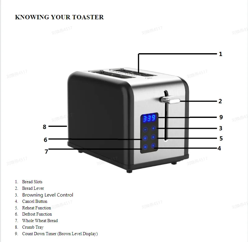 JMT-426890 Smart Touch Screen LED Display 2-Slice Electric Toaster with Dust Cover for Perfect Breakfast Toasting