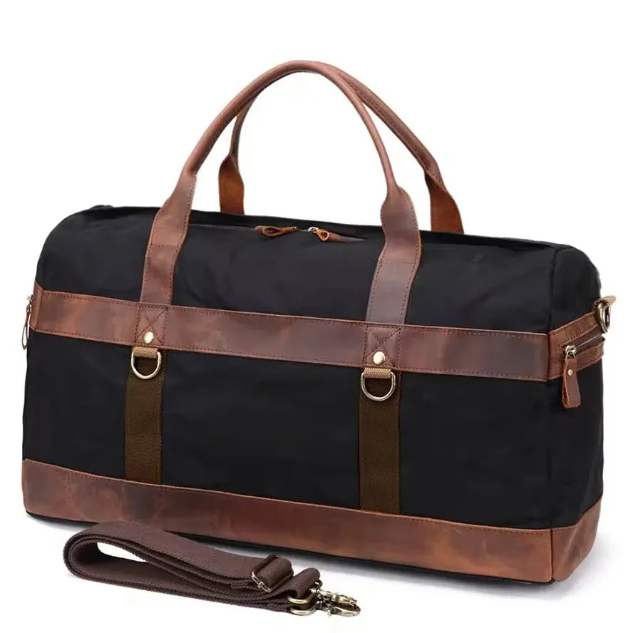 JMT-427594 Waterproof Waxed Canvas Duffel Bag with Leather Accents - Durable Travel and Fitness Carryall