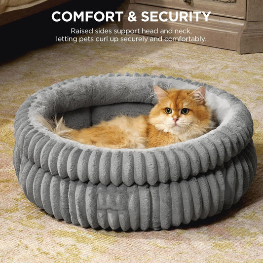 JMT-428682 Soft Plush Faux Fur Cat Bed for Indoor Cats and Kittens with Anti-Slip Bottom - Washable and Cozy Design