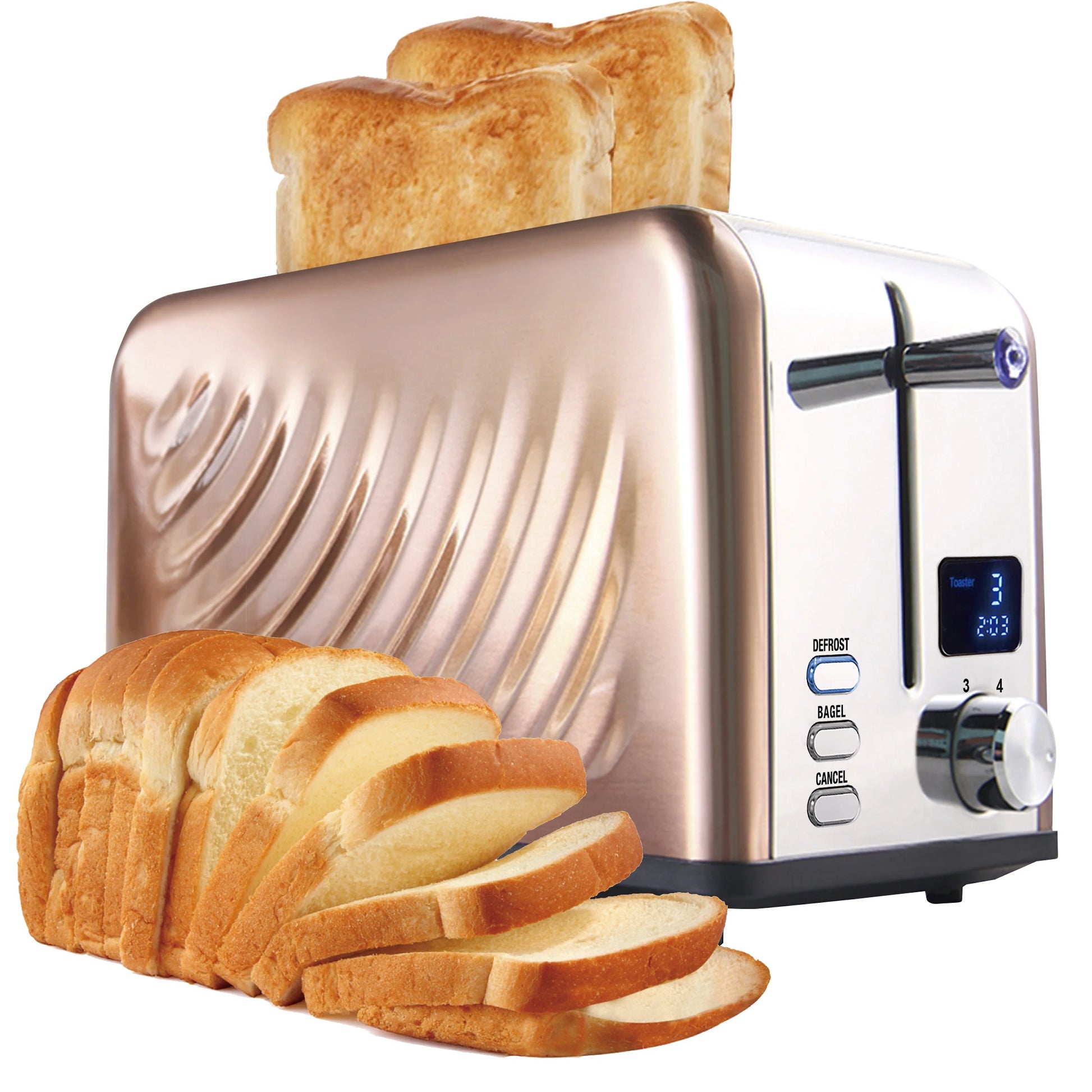 JMT-430474 Compact Electric Stainless Steel Toaster with Extra Wide Slots and LED Display for 2 Slices