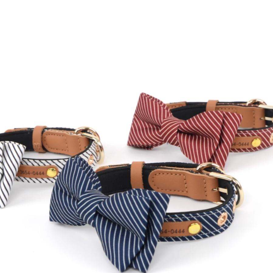 JMT-432330 Cotton Dog Collar with Detachable Bow - Available in White, Wine Red, and Dark Blue