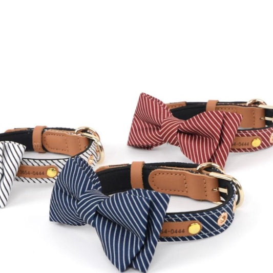 JMT-432330 Cotton Dog Collar with Detachable Bow - Available in White, Wine Red, and Dark Blue