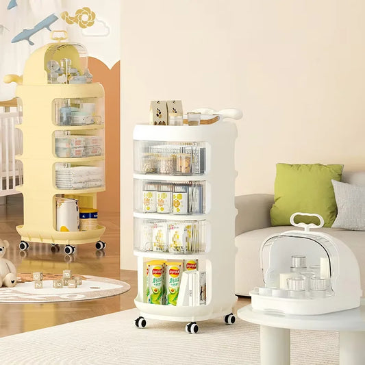 JMT-432778 Rotating Plastic Bedside Storage Trolley with Wheels for Organising Baby Supplies
