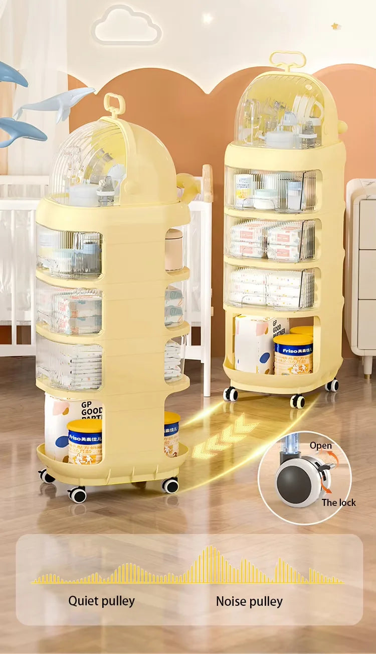 JMT-432778 Rotating Plastic Bedside Storage Trolley with Wheels for Organising Baby Supplies