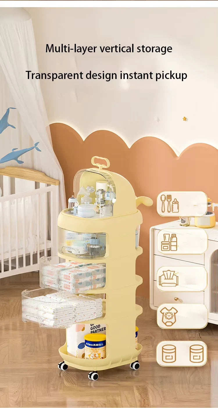 JMT-432778 Rotating Plastic Bedside Storage Trolley with Wheels for Organising Baby Supplies