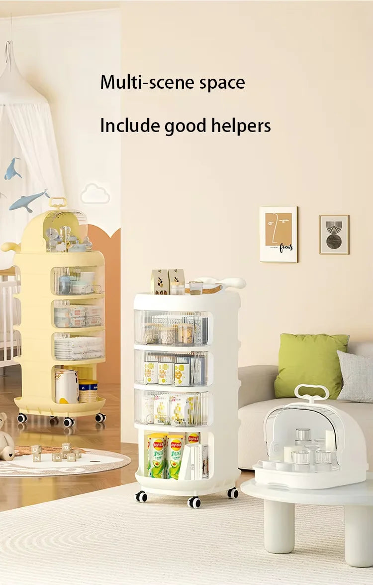 JMT-432778 Rotating Plastic Bedside Storage Trolley with Wheels for Organising Baby Supplies