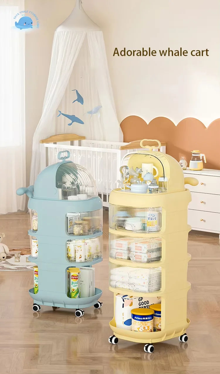JMT-432778 Rotating Plastic Bedside Storage Trolley with Wheels for Organising Baby Supplies